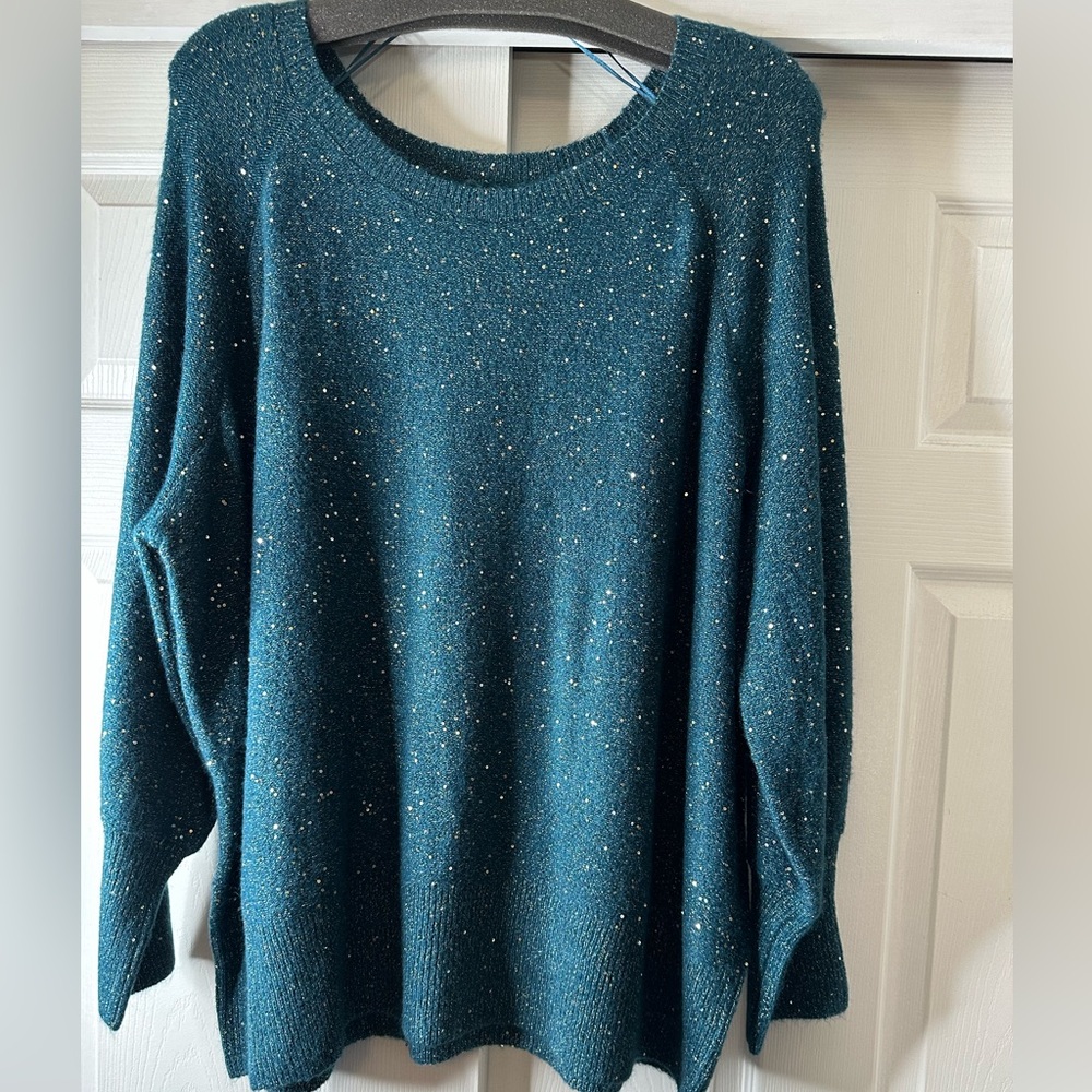 LC Lauren Conrad womanTeal Crew Neck Sweater W/ gold tone sparkle NWOT SZ 4X